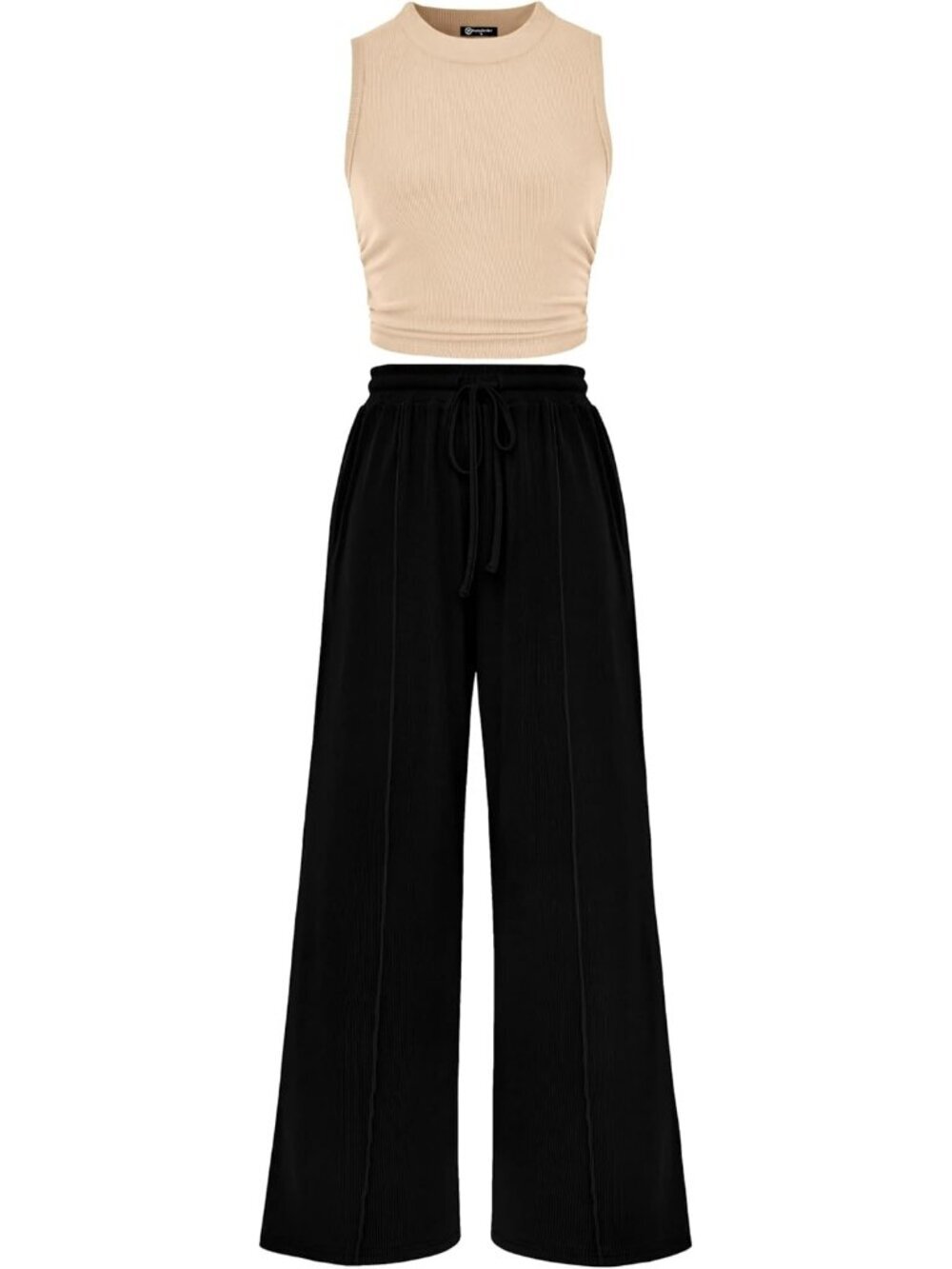 Women's Apricot Black 2 Piece Ribbed Knit Lounge Sets Tracksuit Sleeveless
